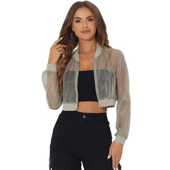 Allegra K Jackets & Blazers - Bomber Jacket Long Sleeve Crop Mesh Sheer Jackets Grey